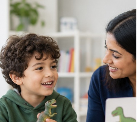 Smiling boy holding a toy dinosaur during a coached play session with a therapist
