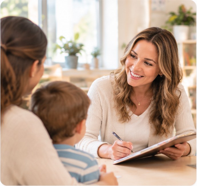 Therapist talking with a parent and child at an intake conversation