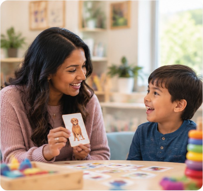 Therapist showing a picture card to a smiling child