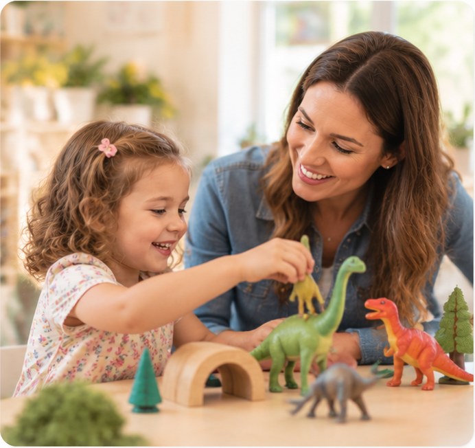 Therapist and young child playing with dinosaur toys