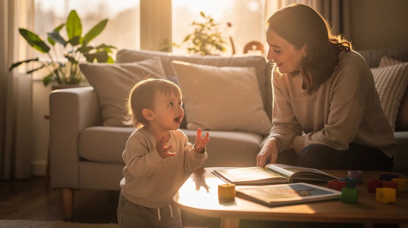 Toddler talking animatedly to a parent in a sunlit living room while practicing speech therapy strategies for stuttering at home