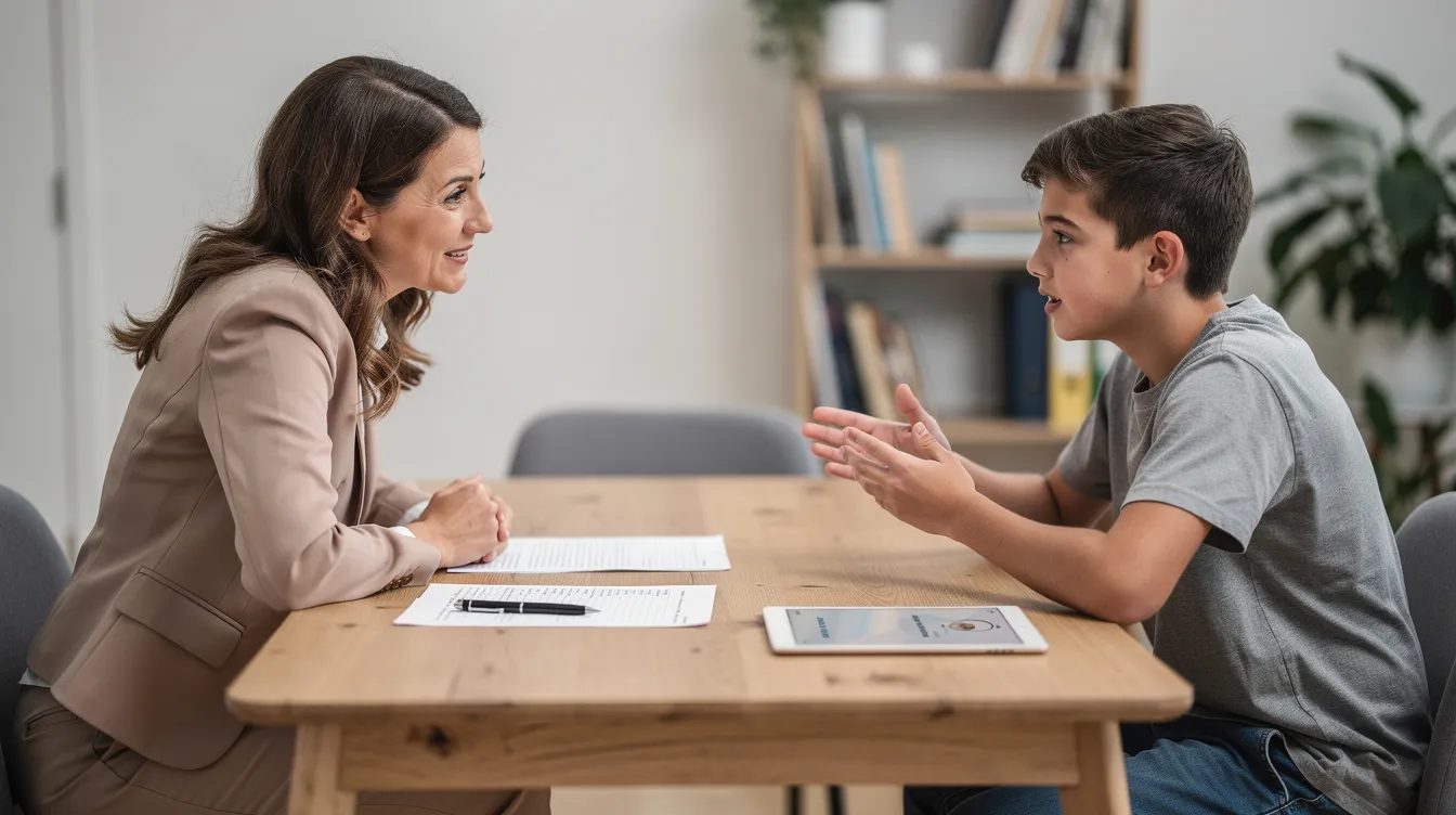 Speech-language pathologist working with a teenager on fluency shaping techniques during a stuttering therapy session