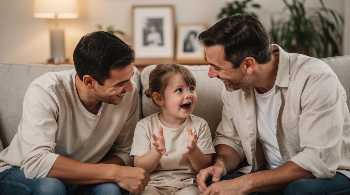 Parents listening patiently to their child on the couch, modeling the supportive home environment recommended in speech therapy for stuttering