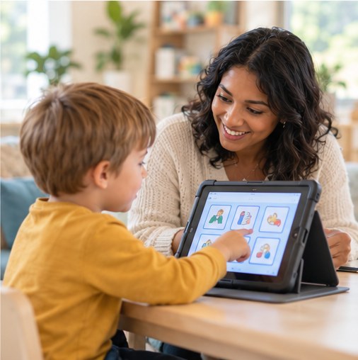 Child using picture symbols on a tablet with a therapist