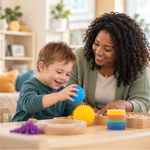 Child exploring textured sensory balls with a therapist