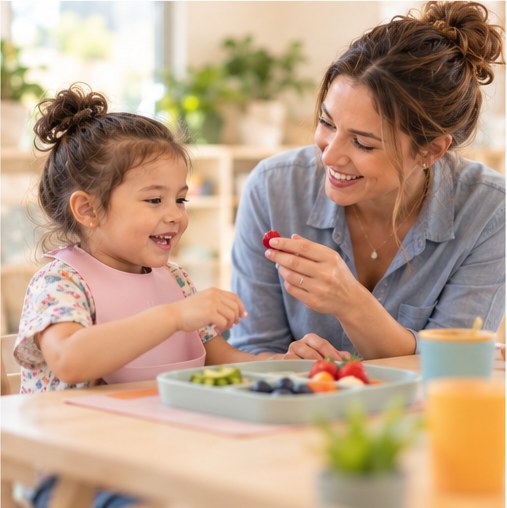 Therapist and young girl at a snack table during feeding therapy