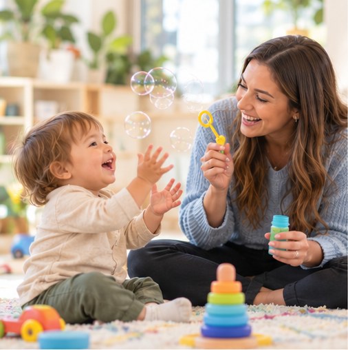 Therapist blowing bubbles with a laughing toddler