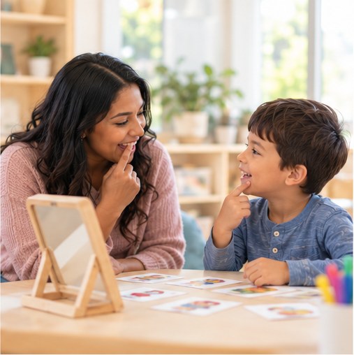 Therapist and child practicing speech sounds with a mirror