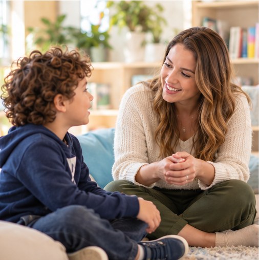 Therapist in relaxed conversation with a school-age boy
