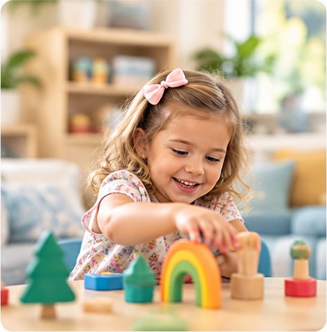 Child playing with wooden toys