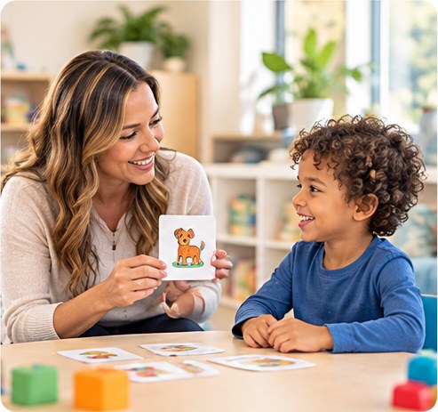 Therapist showing a picture card to a child