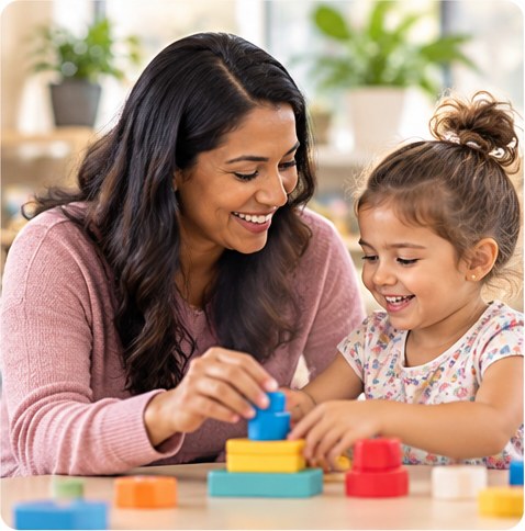 Therapist building with blocks alongside a young girl